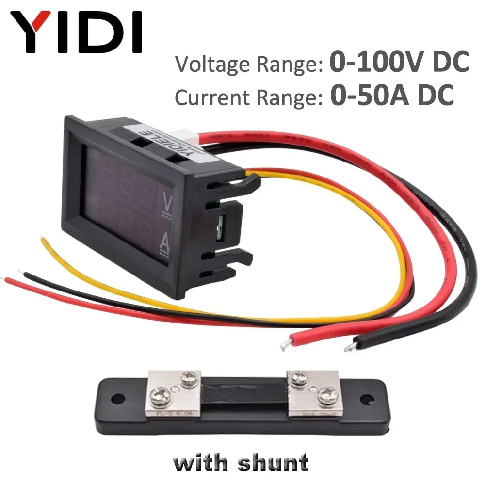 0.56 Digital DC 0-100V 0-50A 0-100A Red Blue LED Amp Volt Tester Current Voltage Meters Measurement Voltmeter Ammeter with Shunt