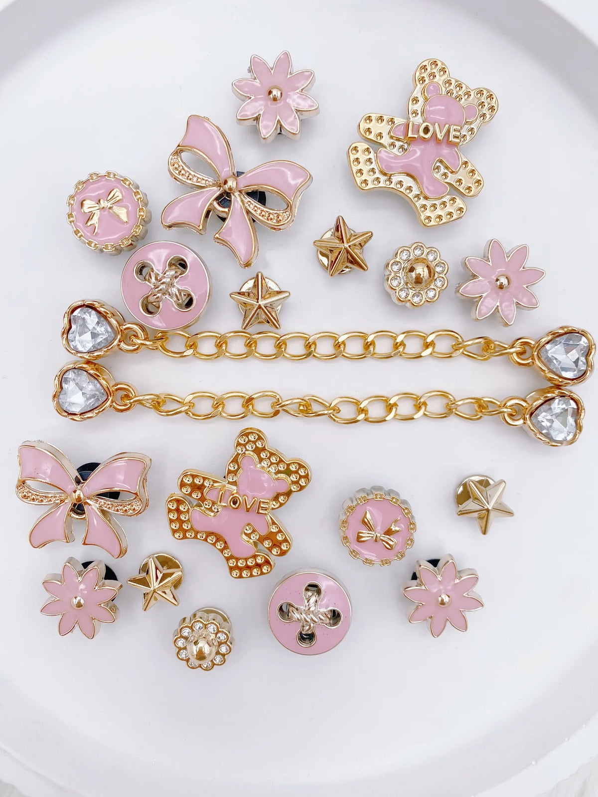 20 Pcs Trendy Pink Bear Chain Shoe Charms, Detachable DIY Accessories for Garden Shoes & Sandals, Versatile Outdoor Shoe Decorat