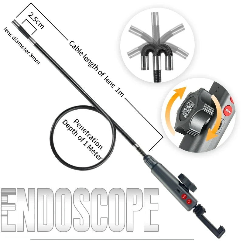 6.0MM/8.0MM 2.0MP 180 Degree Steering Industrial Endoscope Cars Inspection Borescope Camera With 8 LED for iPhone Android PC