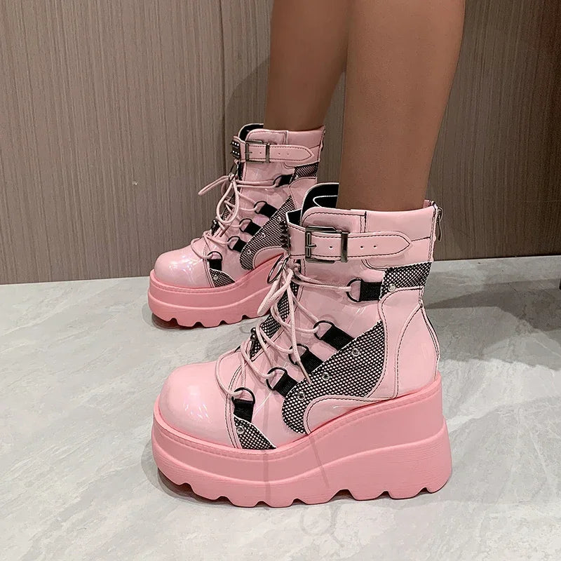 2025 New Design Women Punk Gothic Motorcycle Boots Platform Chunky High Heel Ankle Boot Ladies Cool Wedge Black Female Shoes