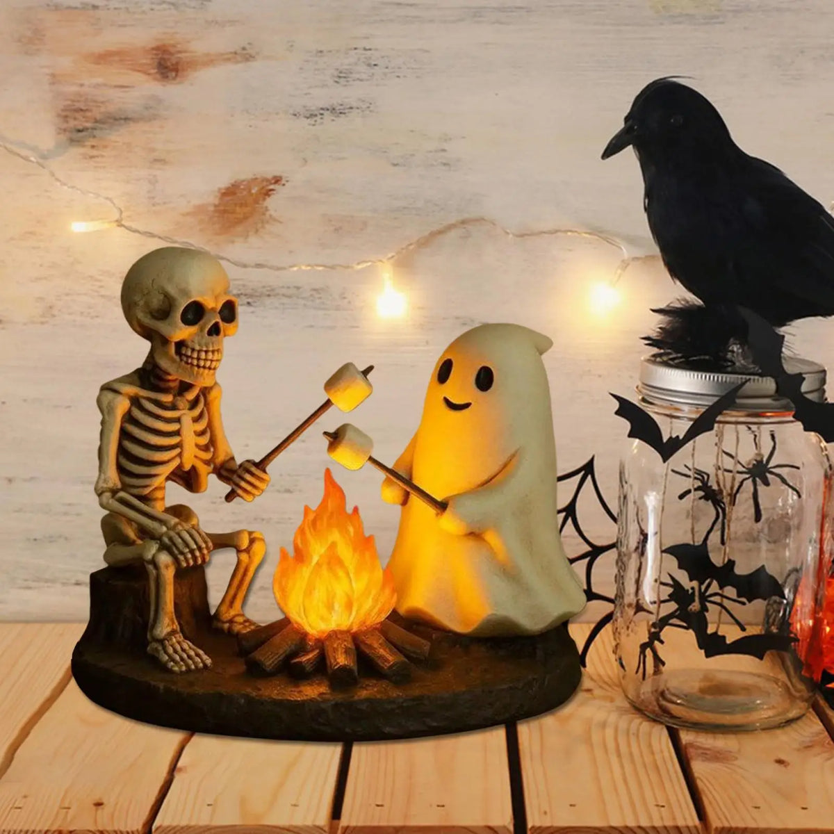 Halloween Skeleton & Ghost Bonfire Night Lamp, Flickering Campfire Nightlight, Spooky Indoor Tabletop Home Decoration Ornament