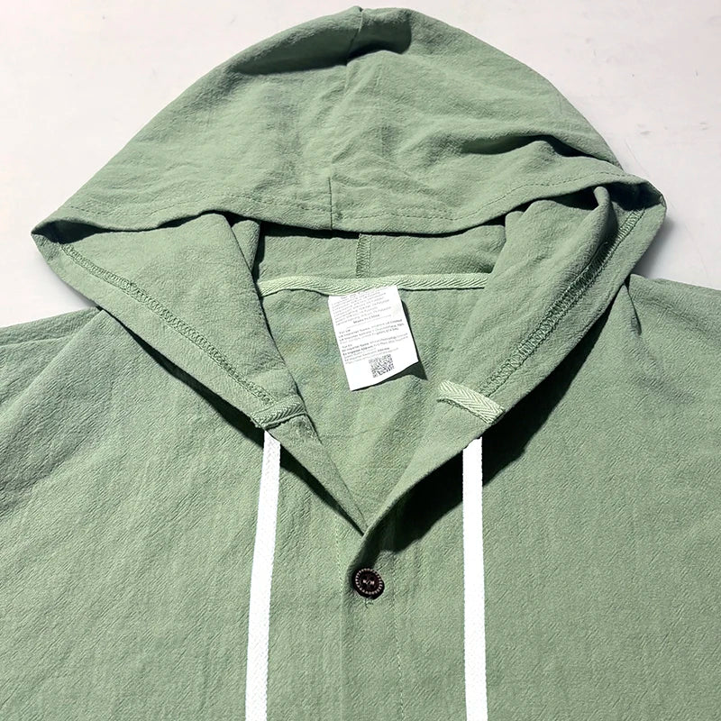 2026 New Men Linen Hooded Long Sleeve Shirt Drawstring Hood Casual Beach Vacation Travel Daily Walking Button Down Blouse