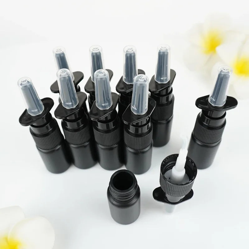 100/200pcs 10ml HDPE Black Empty Nasal Spray Bottle Pump Sprayer Mist Nose Spray Bottle Portable Refillable Bottling Packaging