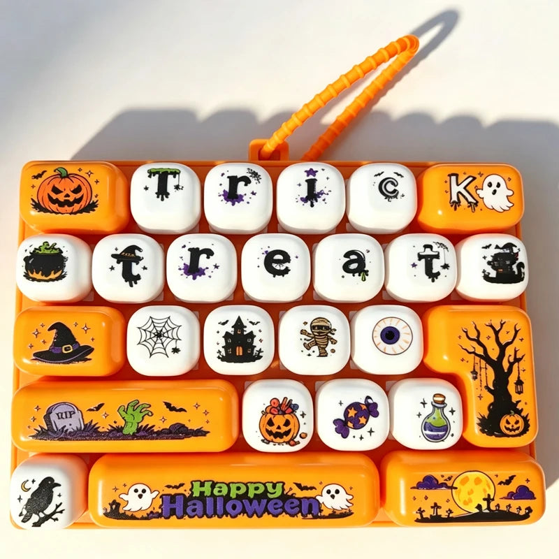 Halloween Keyboard Clicker Keychain 26 Keys Cute Cartoon Stress Relief with Click Sound Backpack Pendant Party Favor for Adults