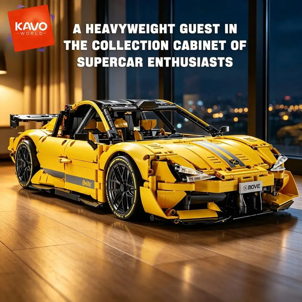 KAVOWORLD 2143pcs Yellow 1:10 Building Block Racing Car Sports Supercar Road Coupe Drift Vehicle Construction Kit with Movable Doors Adjustable Rear Wing DIY Assembly STEM Toys Home Desk Decor Hobby Christmas Halloween Birthd