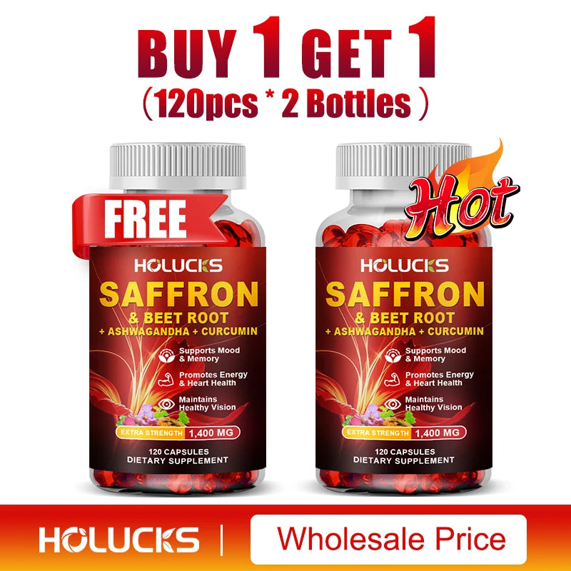 Saffron Extract Supplement, Boost Energy & Mood, for Eye & Heart Health, Focus, Vision Support, with Beet Root & Ashwagandha