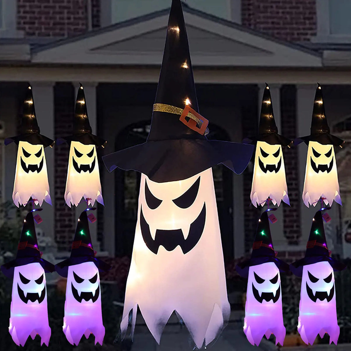 Halloween Hanging Ghost Decorations Outdoor, Glowing Ghost with Witch Hat String Lights for Yard Patio Garden Tree Decoration