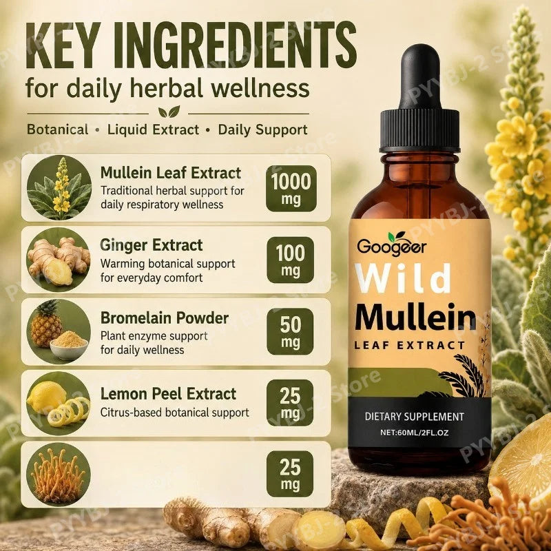 Mullein Liquid Drops 60ml with Wild Mullein Leaf Extract and Ginger Support Lung Health & Clean Impurities Plant Supplement