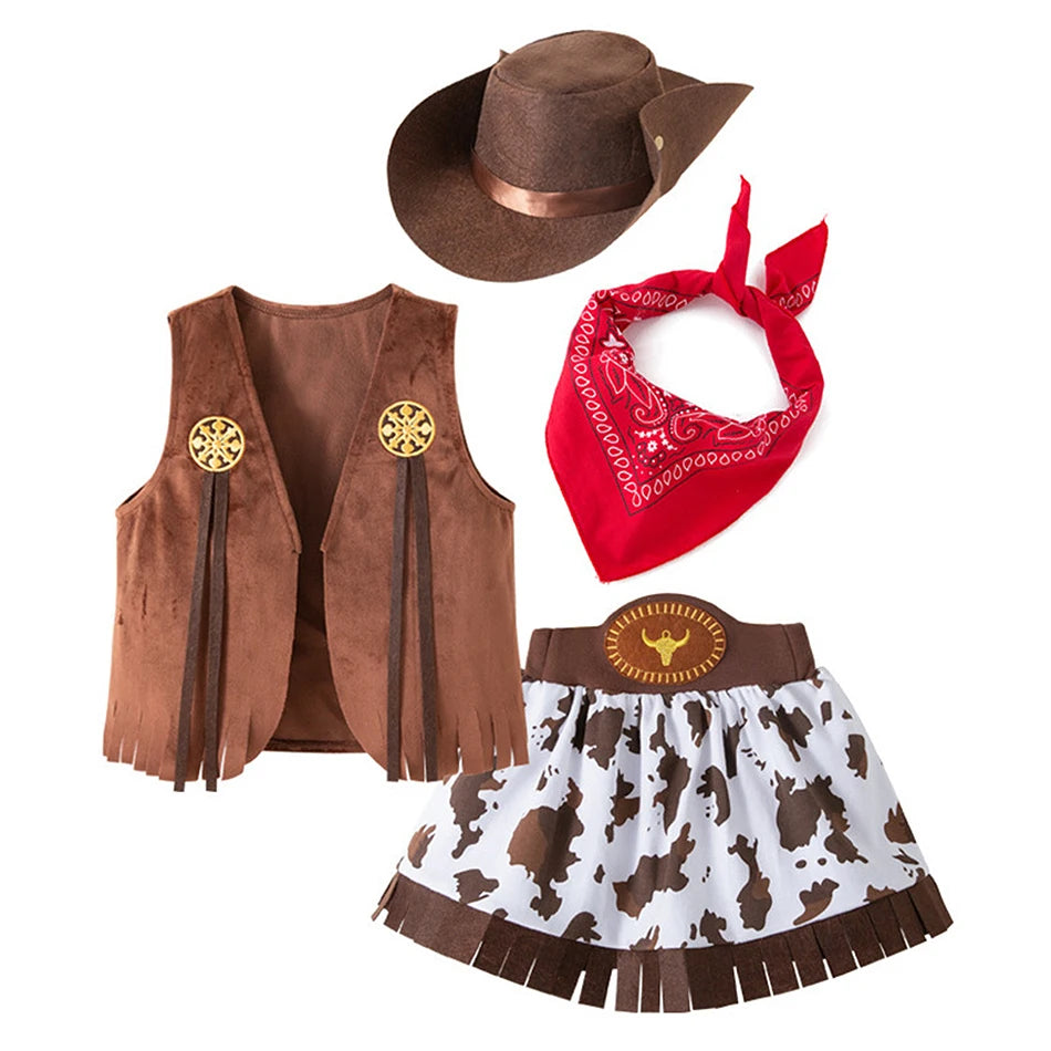 Kids Cowgirl Cosplay Vest Skirt Hat Set Girl Festival Performance Outfit Child Carnival Xmas Halloween Party Masquerade Clothing