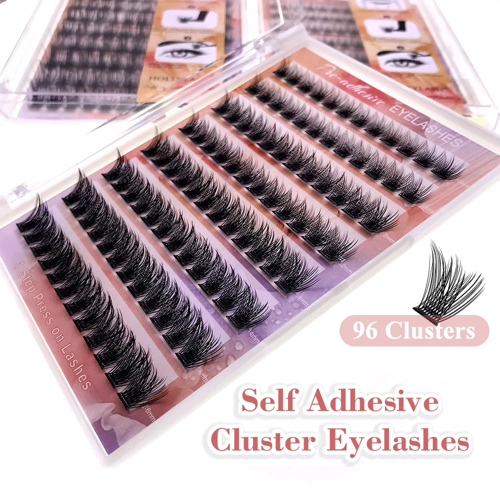 HOLLYLASH 96 Clusters DIY Self Adhesive Cluster Lashes Russian Volume False Eyelashes C Curl Natural Soft Individual Eyelashes