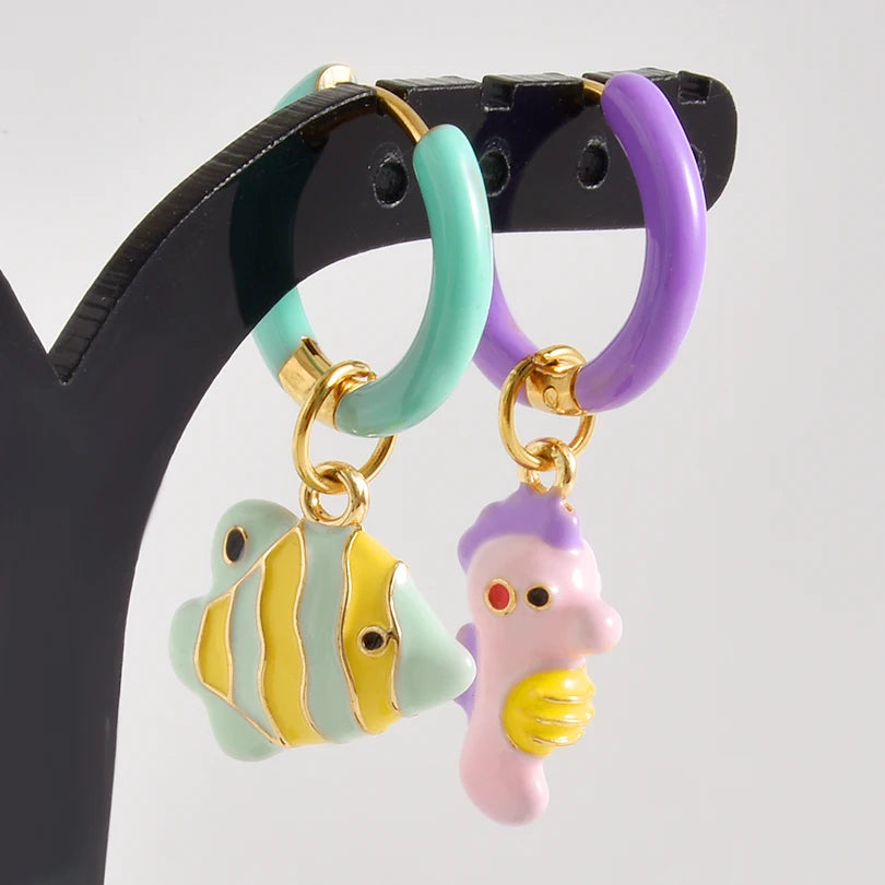 1Pair Dopamine Enamel Sweet Heart  Cute Bee Flower Y2K Girl Aesthetic Aretes Funny Food Cake Gothic Star Hoop Earrings Jewelry