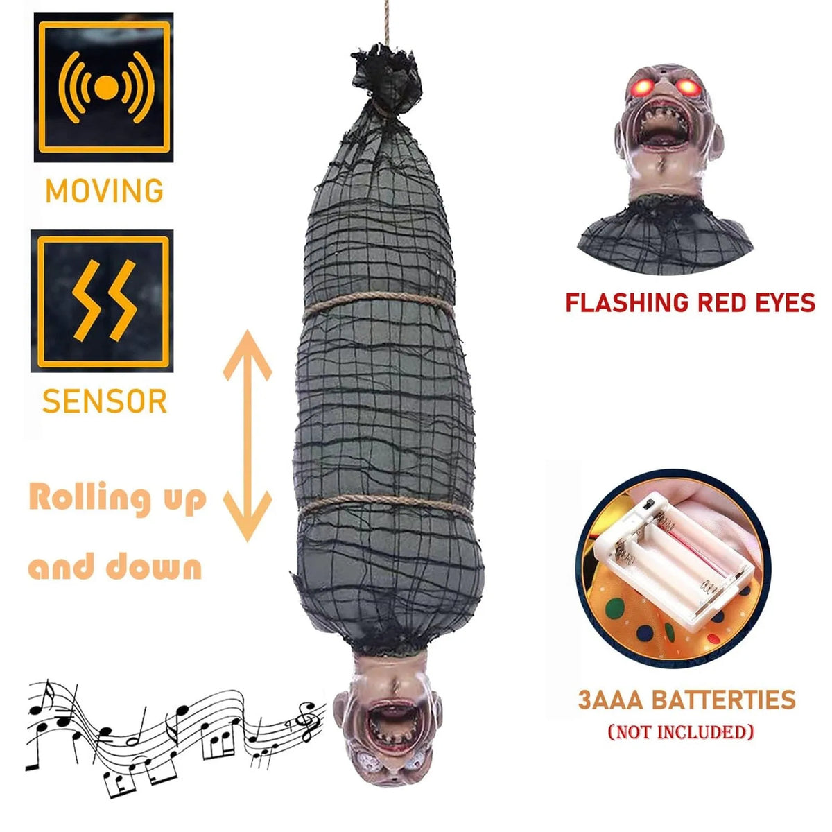 2.46 Ft Halloween Hanging Animated Corpse With LED Light Up Eyes Talking & Shaking Scary Ghost Sound Effect For Halloween Decor