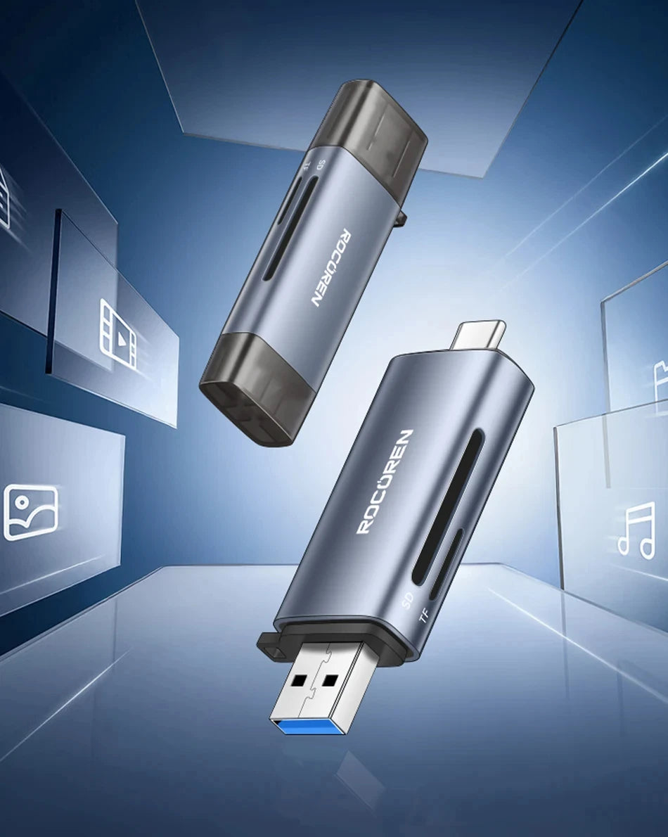Rocoren Card Reader 2 in 1 USB 3.0 5Gbps USB A USB C Combined Design SD/TF Cards 2TB Smart Cardreader for Laptop Accessories