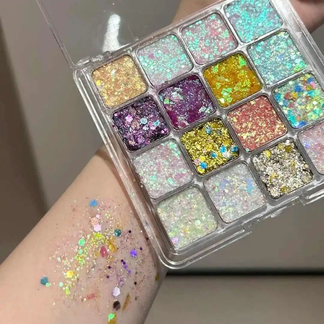 16-Color Bling Jelly Eye Shadow Palette Heart Sequin Glitter Pumpkin/Purple/Cherry/Blue/Gold Shade Stage Performance Make up