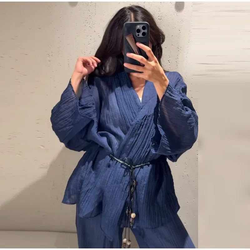 Tie Front Textured Women's Set V-Neck Loose Set Wide Sleeve Drawstring Pants Casual Lounge Solid Color 2 Piece Outfits For Daily