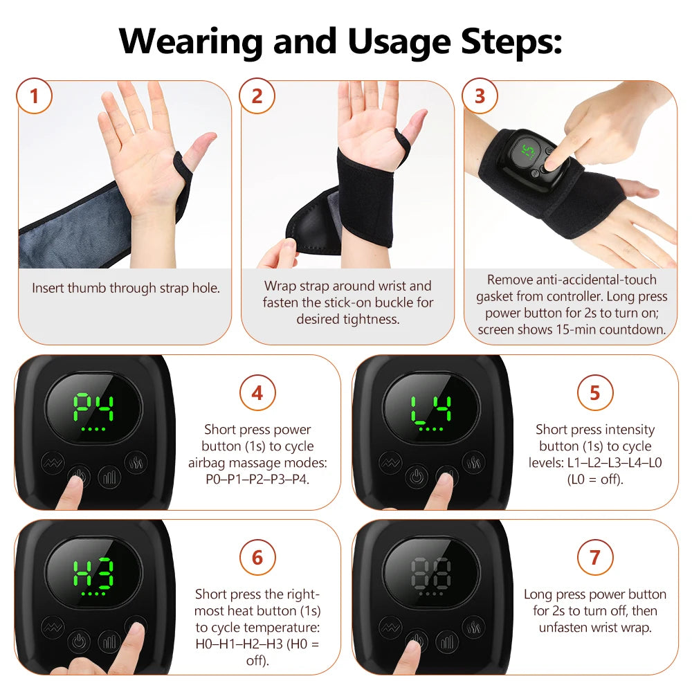 Cordless Wrist Massager, Heated Hand Massager with Air Compression, 4 Modes, 4 Intensities & 3 Heat Settings for Typing & Office