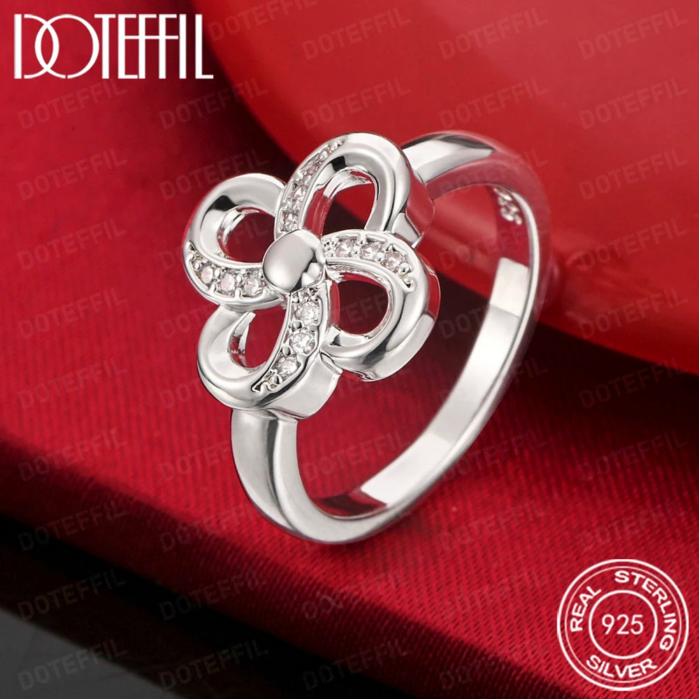 925 Sterling Silver four-leaf clover AAA Crystal Ring For Woman Wedding Engagement Charm Party Jewelry