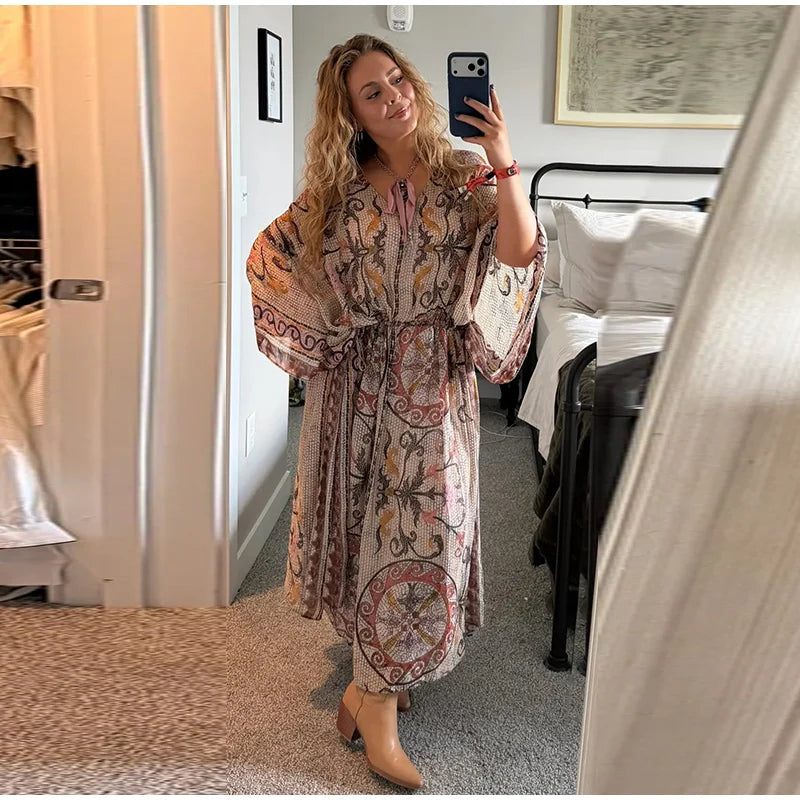 Women's V-Neck Vintage Vine Print Batwing Sleeve Maxi Dress Drawstring Waist Loose Flare Long Dress Mesh Texture Beach Vacation