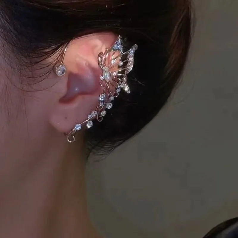 Sparkle Zircon Butterfly Earrings Without Piercing for Women Silver Color Elf Earrings Ear Cuffs Party Wedding Korean Jewelry