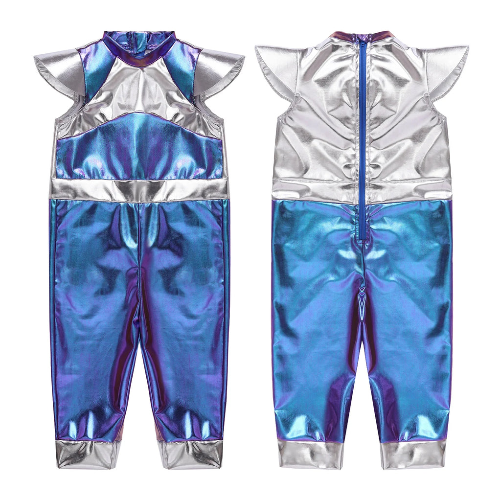 Little Boys Girls Halloween Theme Party Metallic Shiny Alien Rompers Space Robot Astronaut Dress Up Jumpsuit Photography Costume