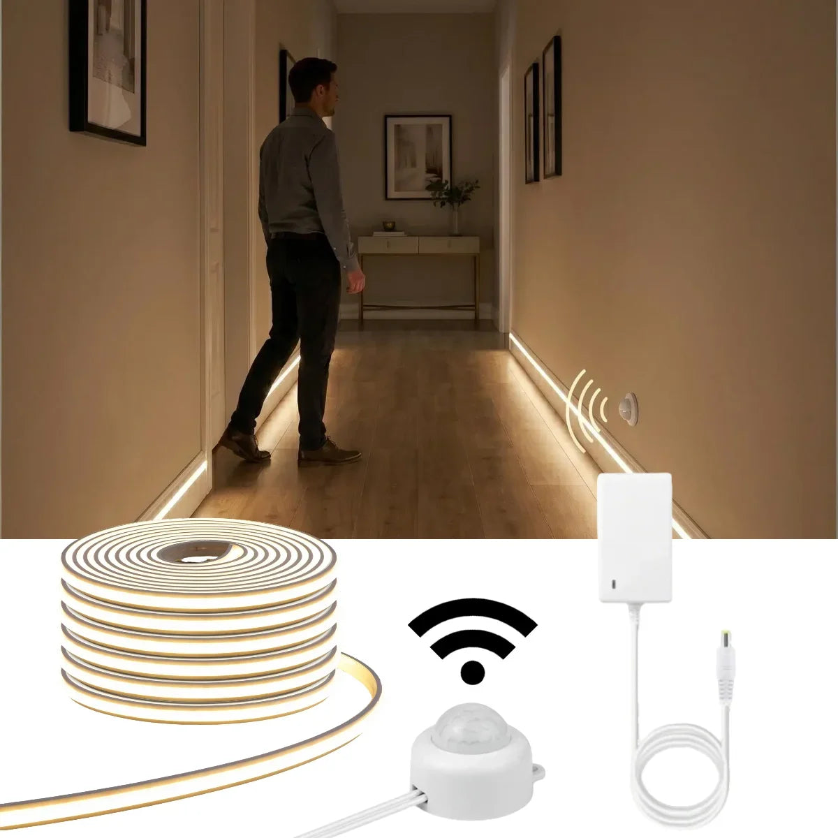 Motion Sensor Neon COB LED Strip Light Solid Silicone 24V Cuttable Light Strip Delay Time Adjustable 20-350s for Stairs Hallway