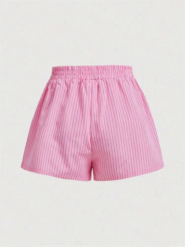 Striped Letter Label Shorts for Women Summer Casual Pink Elastic Waist Shorts Streetwear