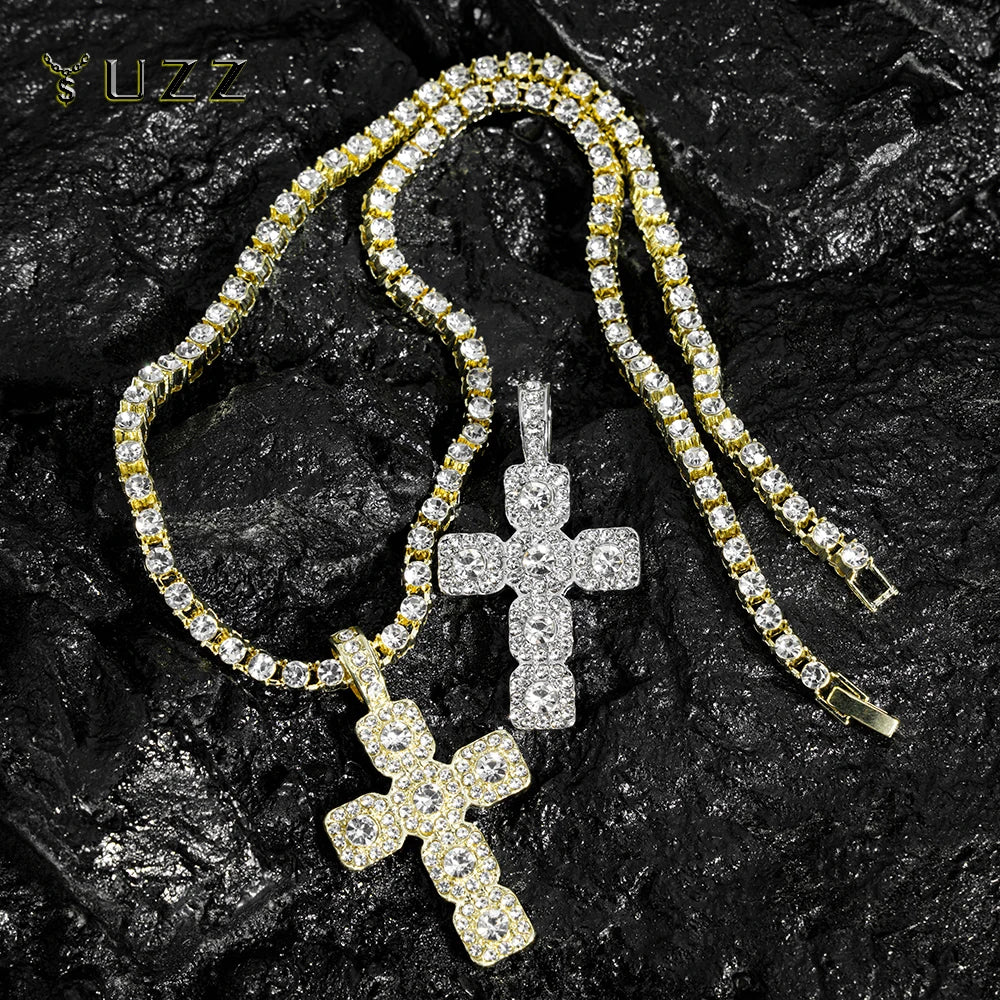 2025 New Hip Hop Cross Pendant Necklace Men 4mm Rhinestone Tennis Chain Iced Sparkling Necklace Women Punk Jewelry Fashion Gift