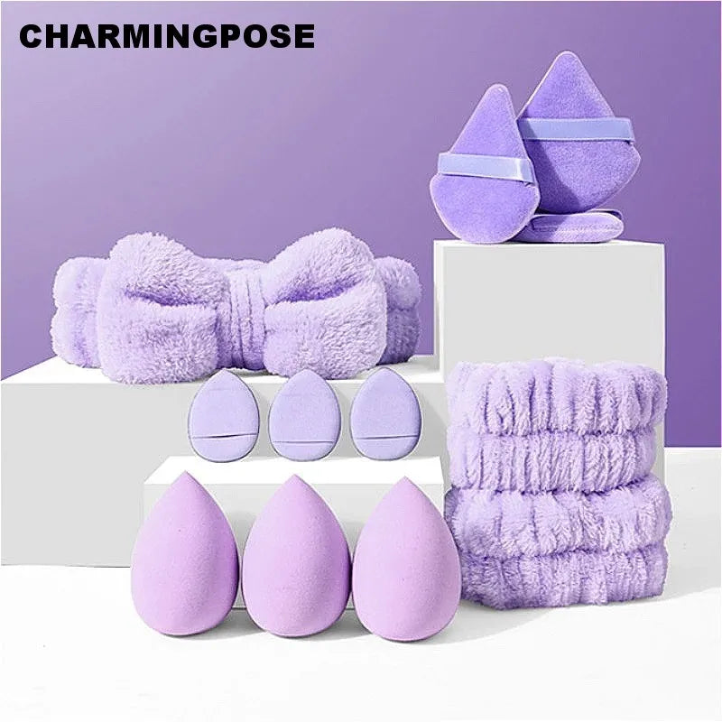 12Pcs Makeup Sponge Kit with Spa Headband, Foundation Blending Egg & Velvet Powder Puff, Complete Cosmetic Tools Set for Women -