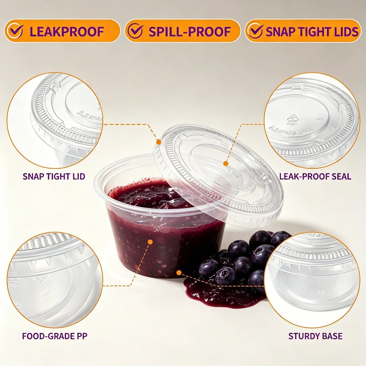 100 Sets of Disposable Clear Plastic Sauce Cups - 2 oz/4 oz, Microwave and Freeze Safe, Leak-proof, Portable Dip Cups for BBQ, Meal Prep, Catering, Restaurants, Lunch, Picnics and Everyday Kitchen Use