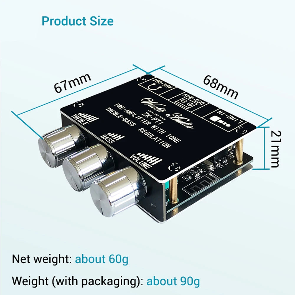 ZK-PT1 BT 5.0 Audio Receiver Decoder Stereo Tone Board Volume Controller Treble Bass Tonal preamp Amp Knob For Amplifier