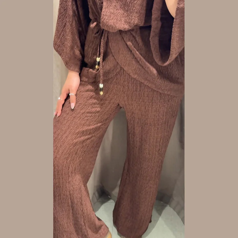 Tie Front Textured Women's Set V-Neck Loose Set Wide Sleeve Drawstring Pants Casual Lounge Solid Color 2 Piece Outfits For Daily