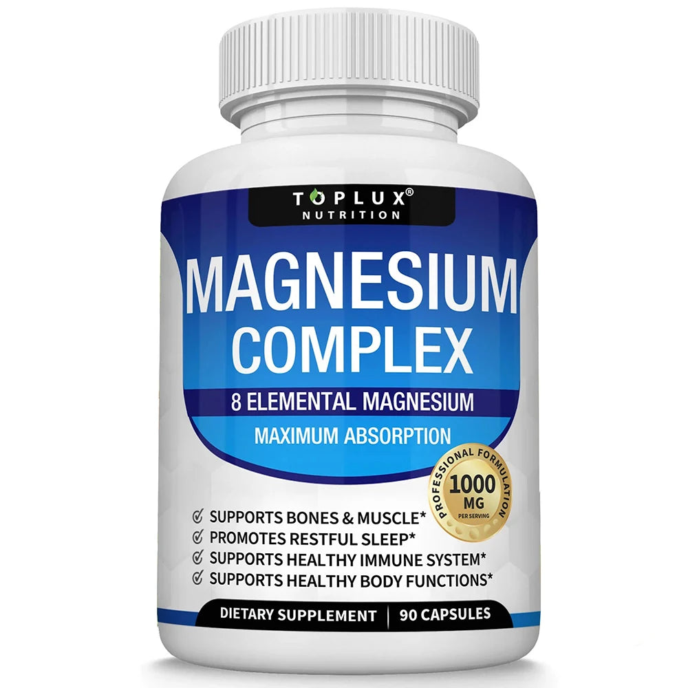 Magnesium Complex Supplement | 1000mg Magnesium Glycinate, Malate, Citrate | 8 Elemental Chelated Formula | Vegan, Non-GMO, 90 C