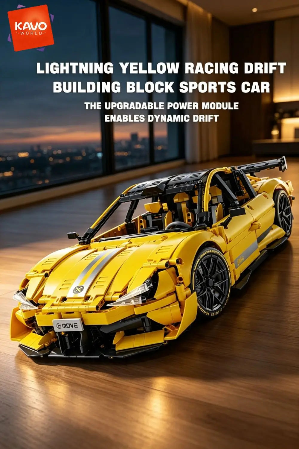 KAVOWORLD 2143pcs Yellow 1:10 Building Block Racing Car Sports Supercar Road Coupe Drift Vehicle Construction Kit with Movable Doors Adjustable Rear Wing DIY Assembly STEM Toys Home Desk Decor Hobby Christmas Halloween Birthd