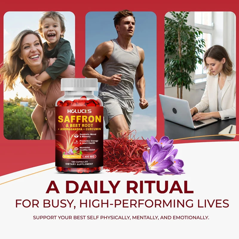 Saffron Extract Supplement, Boost Energy & Mood, for Eye & Heart Health, Focus, Vision Support, with Beet Root & Ashwagandha
