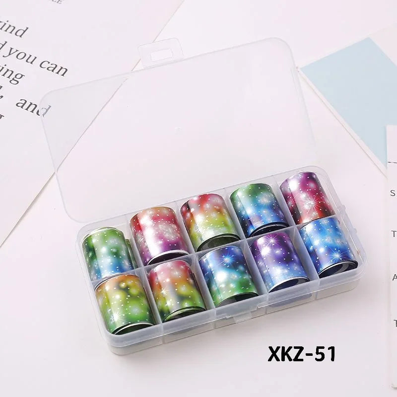 10 Rolls/ Box Charm Nail Foils Polish Stickers Metal Color Starry Paper Transfer Foil Wraps Adhesive Decals Nail Art Decorations