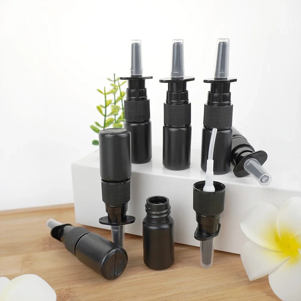 100/200pcs 10ml HDPE Black Empty Nasal Spray Bottle Pump Sprayer Mist Nose Spray Bottle Portable Refillable Bottling Packaging