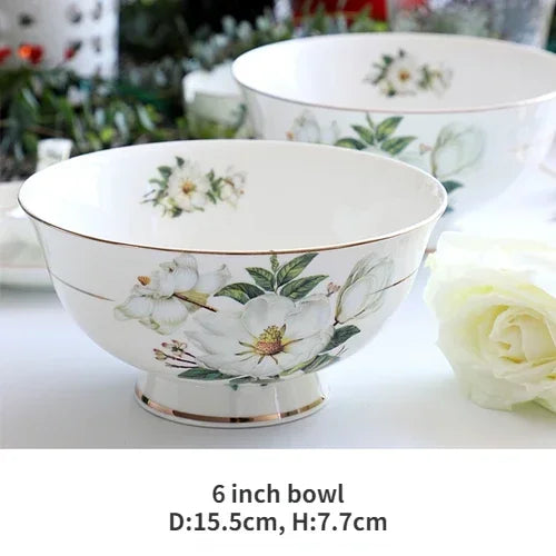 Bone China Dinnerware, Household Ceramic Rice Bowl, Deep Dishes, Soup Pots, Steak Flat Plate, Delicate Floral Tableware