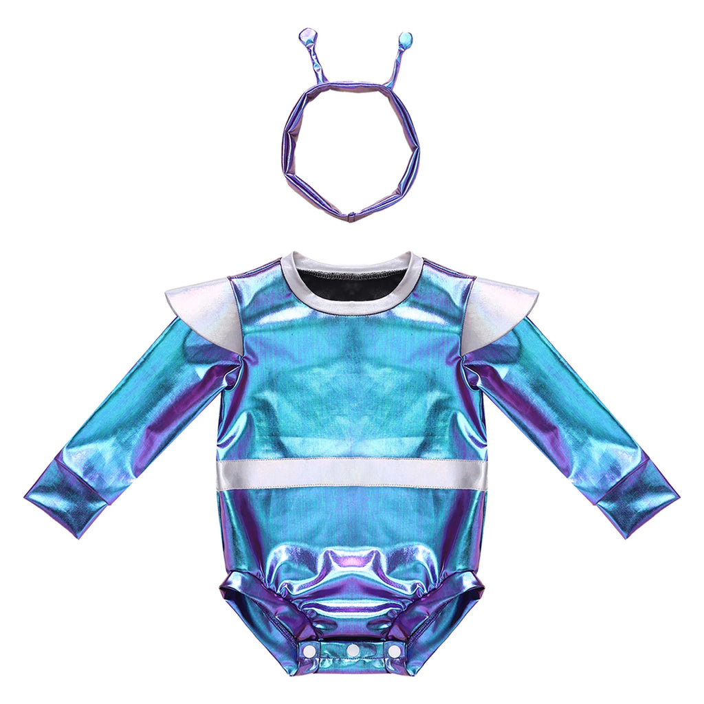 Little Boys Girls Halloween Theme Party Metallic Shiny Alien Rompers Space Robot Astronaut Dress Up Jumpsuit Photography Costume