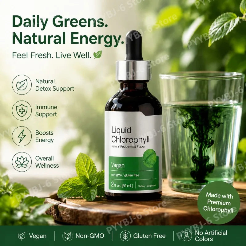 Liquid Chlorophyll Drops 59ml Peppermint Herbal Extract Vegan Non-GMO Dietary Supplement Mix with Water Support Antioxidant