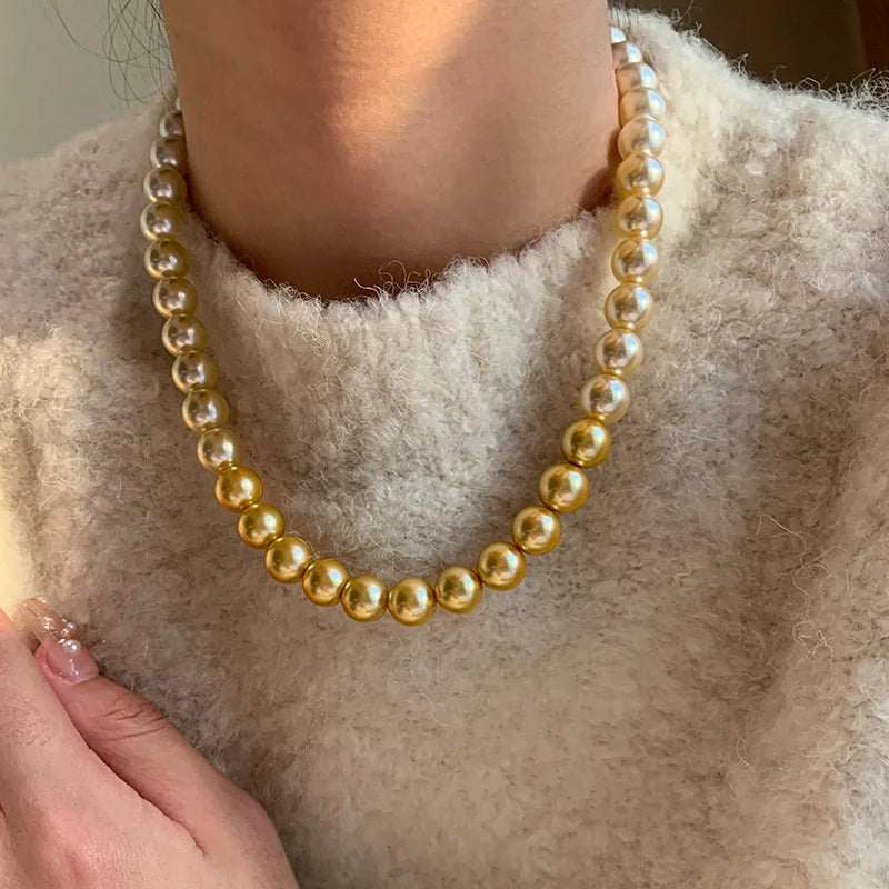 French Gradient Australian White Light Gold Color Pearl Necklace For Women's Light Luxury Temperament Jewelry 2025 New Elegant