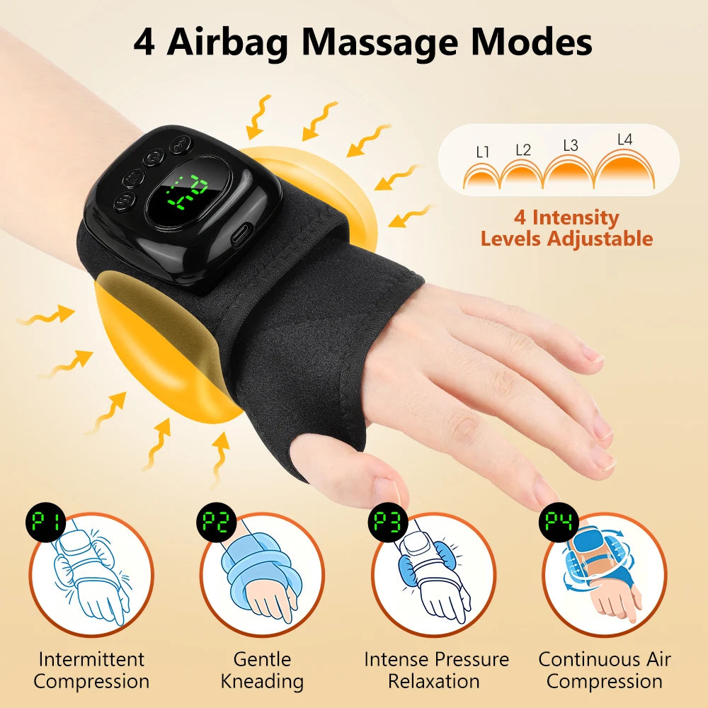 Cordless Wrist Massager, Heated Hand Massager with Air Compression, 4 Modes, 4 Intensities & 3 Heat Settings for Typing & Office