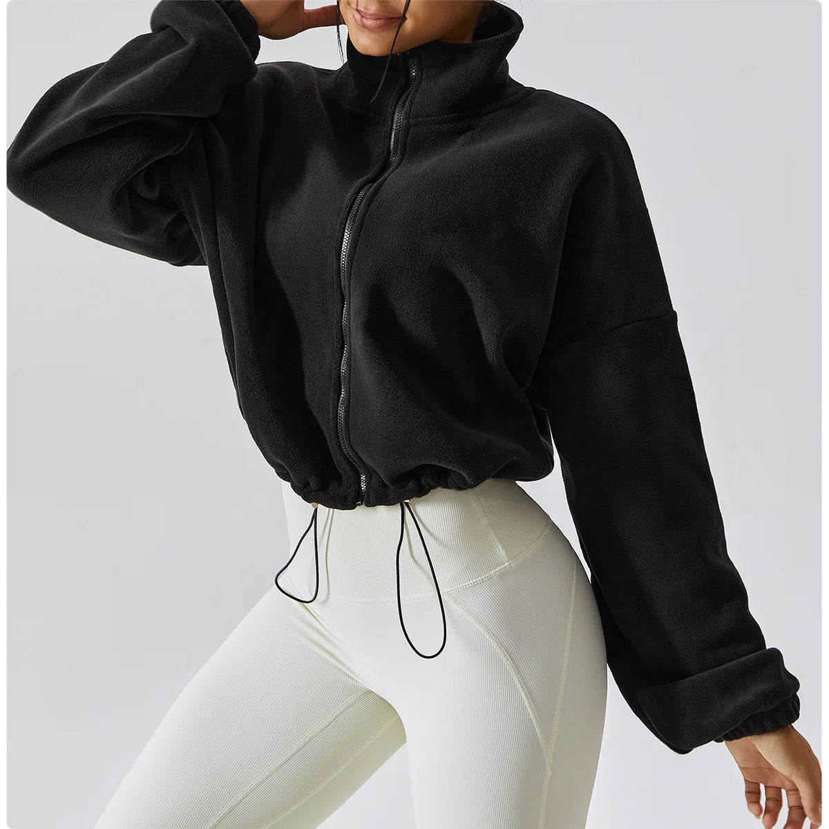 Women's Polar Fleece Zip Hoodie Athletic Loose Fit Crop Top w/ Stand Collar, Thumb Holes & Drawstring Hem for Fall Winter
