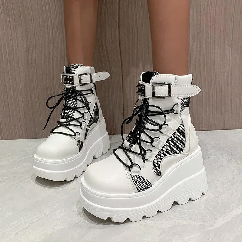 2025 New Design Women Punk Gothic Motorcycle Boots Platform Chunky High Heel Ankle Boot Ladies Cool Wedge Black Female Shoes