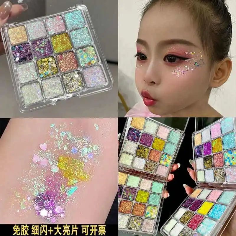 16-Color Bling Jelly Eye Shadow Palette Heart Sequin Glitter Pumpkin/Purple/Cherry/Blue/Gold Shade Stage Performance Make up
