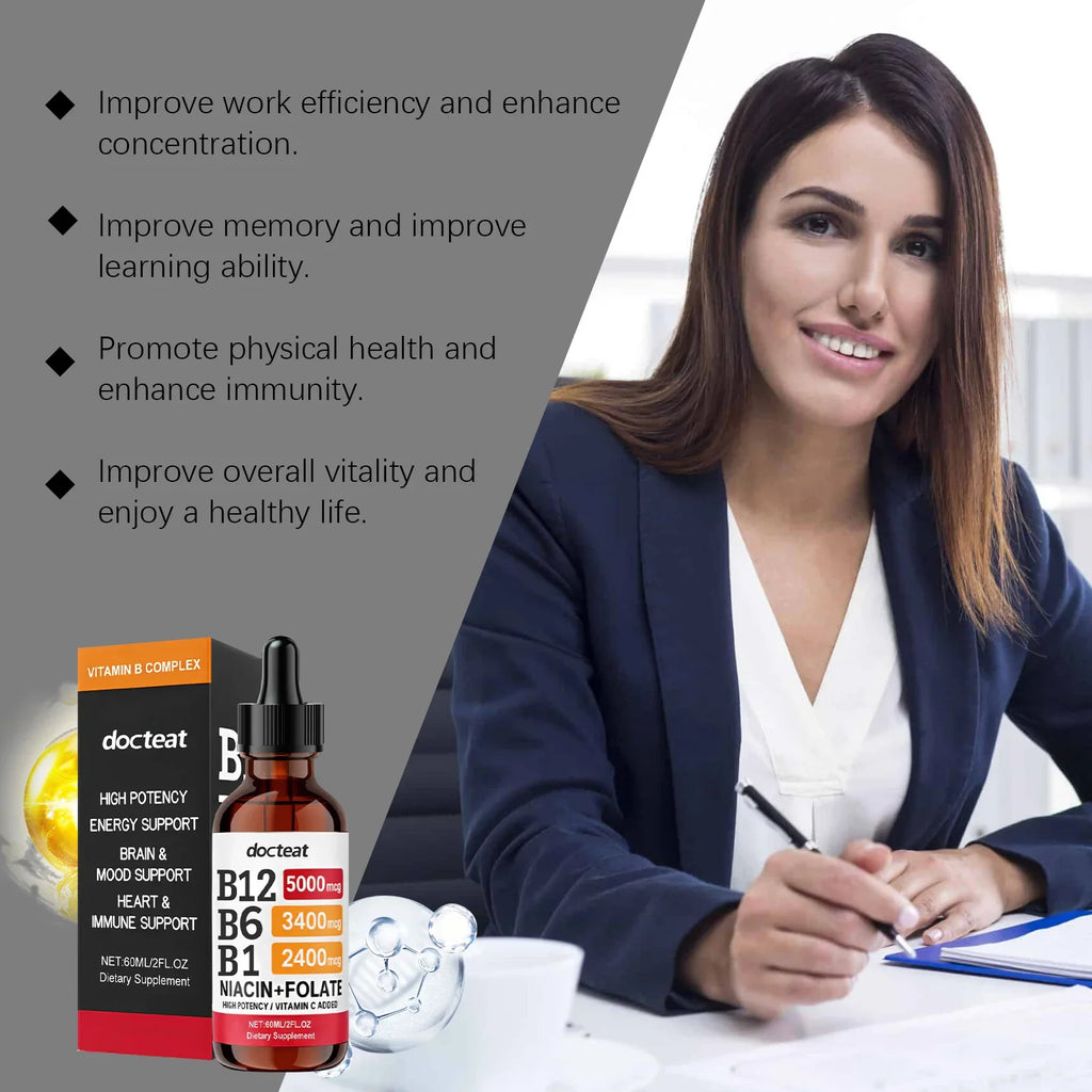 Docteat B Complex Drops 60ml High Potency B12 5000mcg Methylcobalamin Energy Brain Mood Heart Immune Support Non GMO Vegan