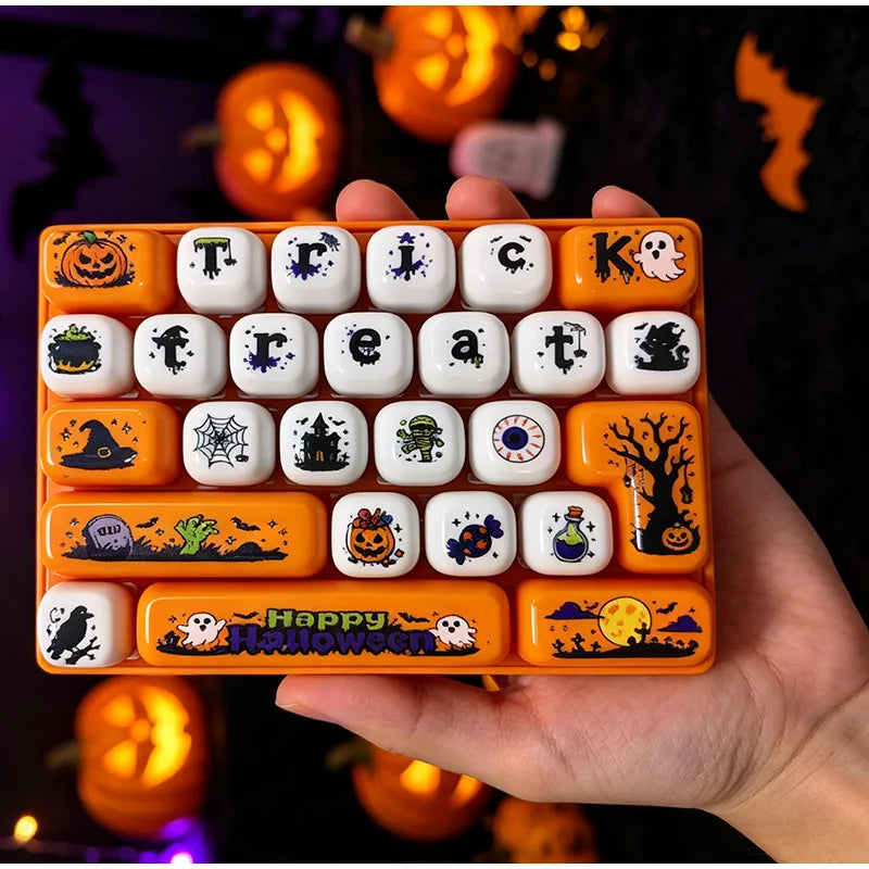 Halloween Keyboard Clicker Keychain 26 Keys Cute Cartoon Stress Relief with Click Sound Backpack Pendant Party Favor for Adults