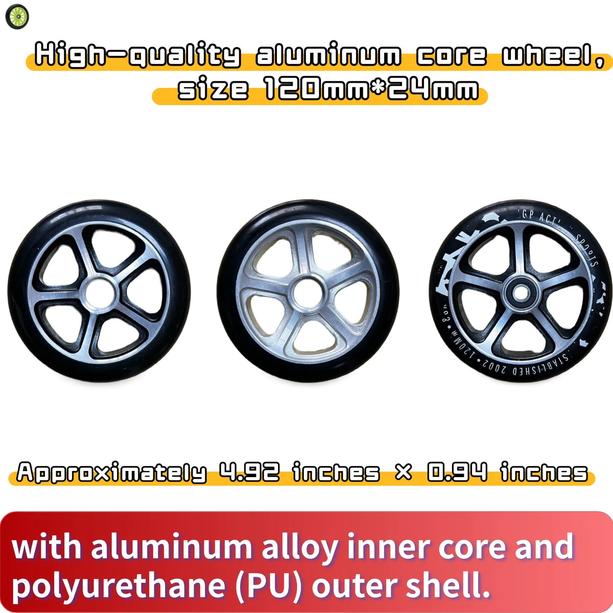 120mm (4.92-inch) Aluminum Core Replacement Wheel for Speed Scooters - Aluminum Alloy + PU with Black Bearings(2PCS)