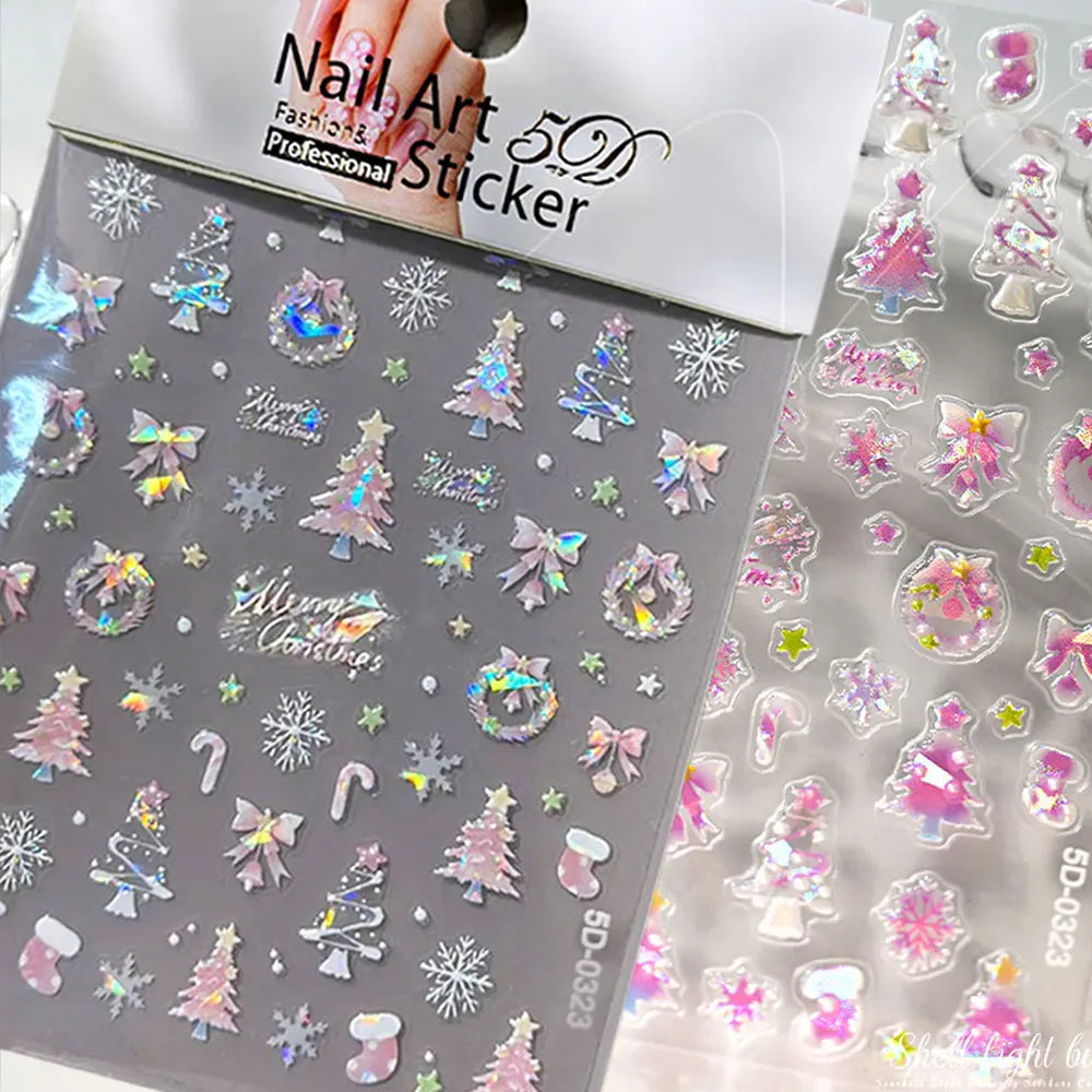 1pcs Aurora Pink Christmas Tree Bow Wreath Nail Art Stickers Cute Pink Stocking Snowflakes Nail Decals Self-Adhesive Xmas Decor