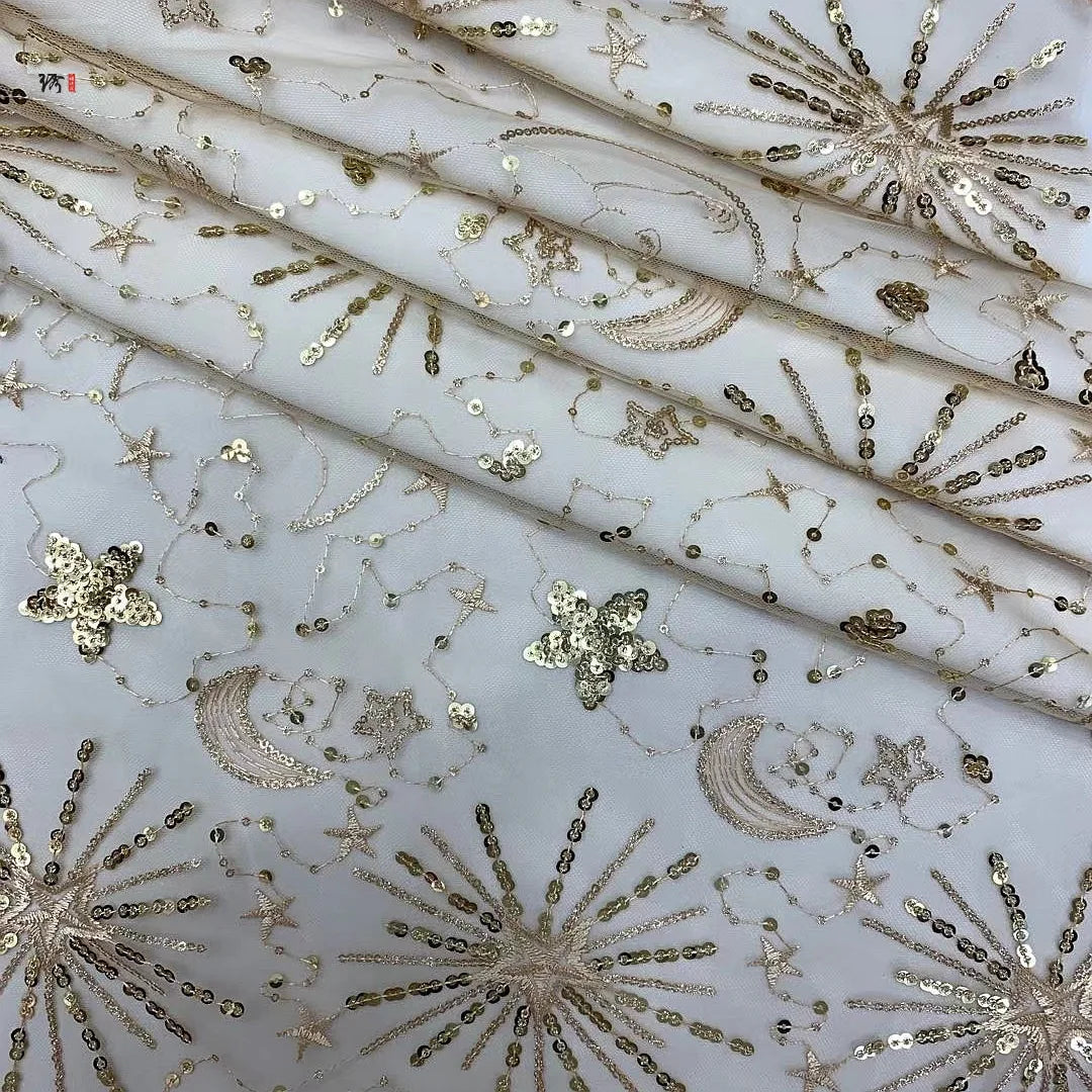 130cm wide Black/Apricot /Pink /Silver Sequins Embroidery Lace Fabric Star Moon Beads Embroid Fabric Sequin Dress Material X880