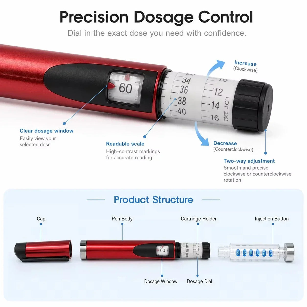 Home Use Professional Durable Insulin Injector Pen, Reusable Refillable Design, Dose Injection Pen, Perfect for 3Ml Cartridges